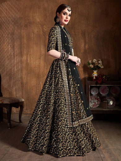 Black Zari Embroidery Raw Silk Wedding Lehenga Choli With Dupatta